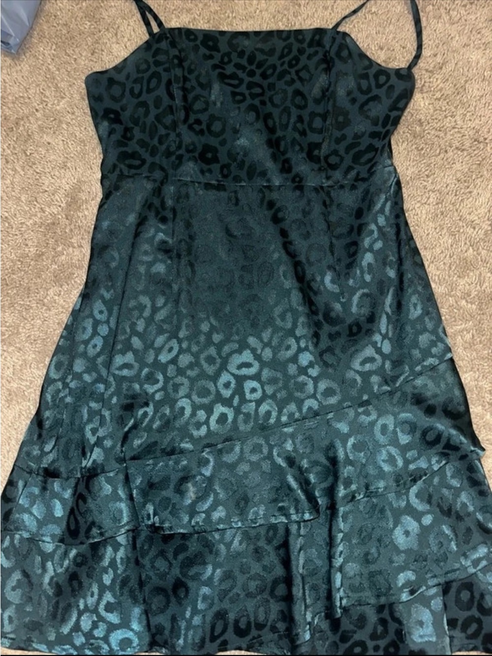 Altar'd State Dark Green Satin Leopard-Print Slip Mini Dress